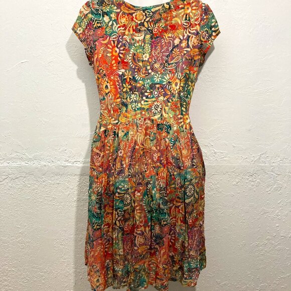 Peruvian Connection Floral Short Sleeve Dress Pleated skirt Multicolor Pocket S - Picture 2 of 14